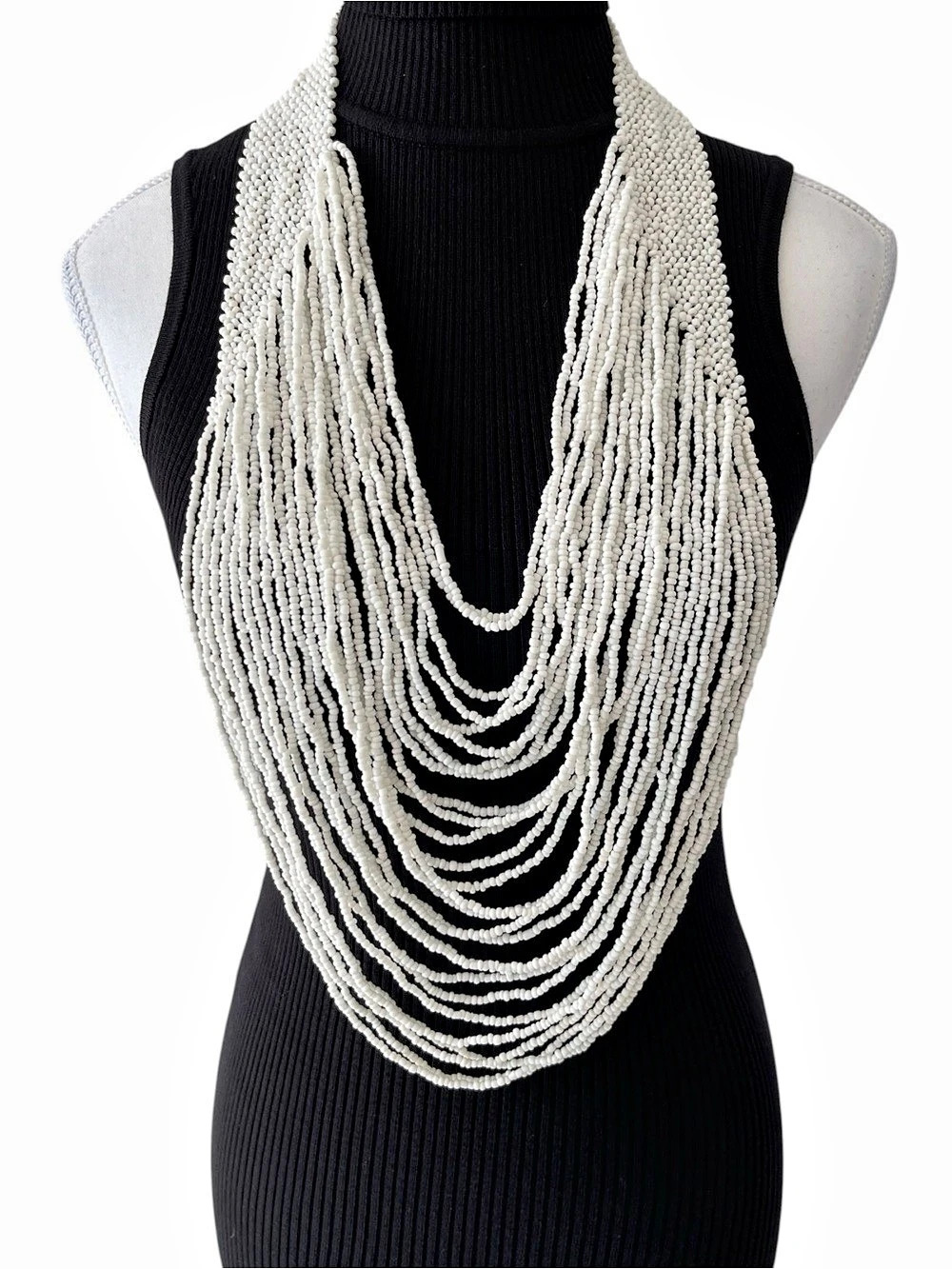 Layered Handmade Beaded White Statement Necklace
